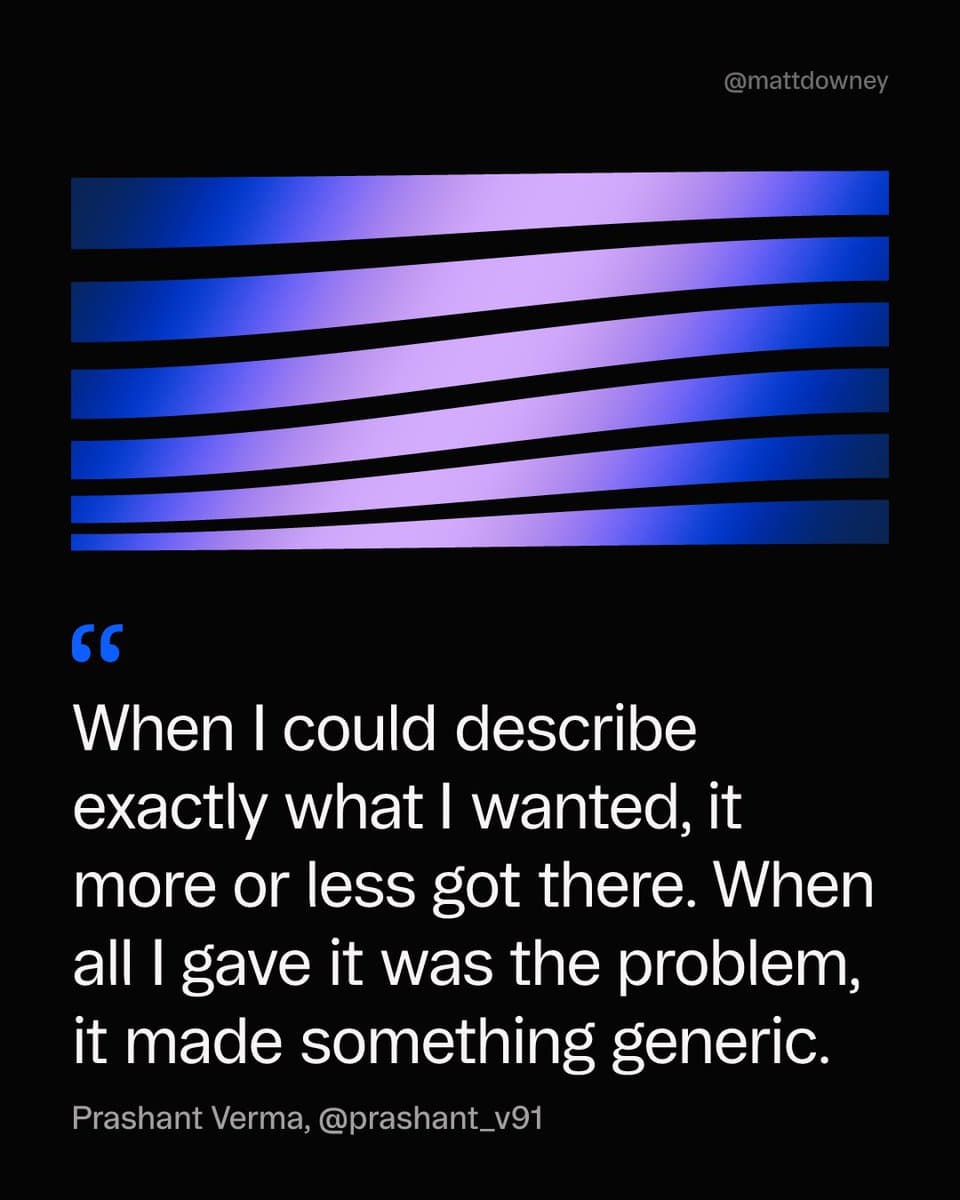 Really good write-up from @prashant_v91 on designing an app with an agent.

His first screens were bad, so he added real reference apps, paper sketches for the flows he couldn't explain, and four explorations in opposite corners of two axes he picked, warmth and serenity.