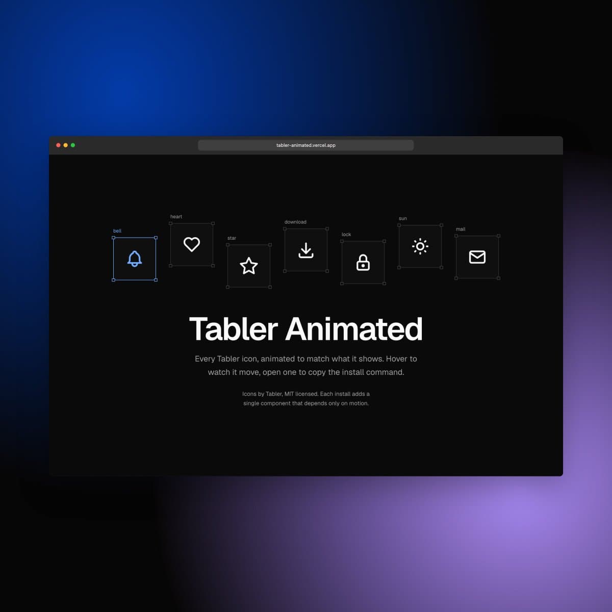 Every Tabler icon now animates to match what it shows: a bell swings, a heart beats, a download arrow drops.

@ashishxcode packaged the whole set as Tabler Animated, and you can pull in one icon at a time with a single shadcn command, free and MIT.