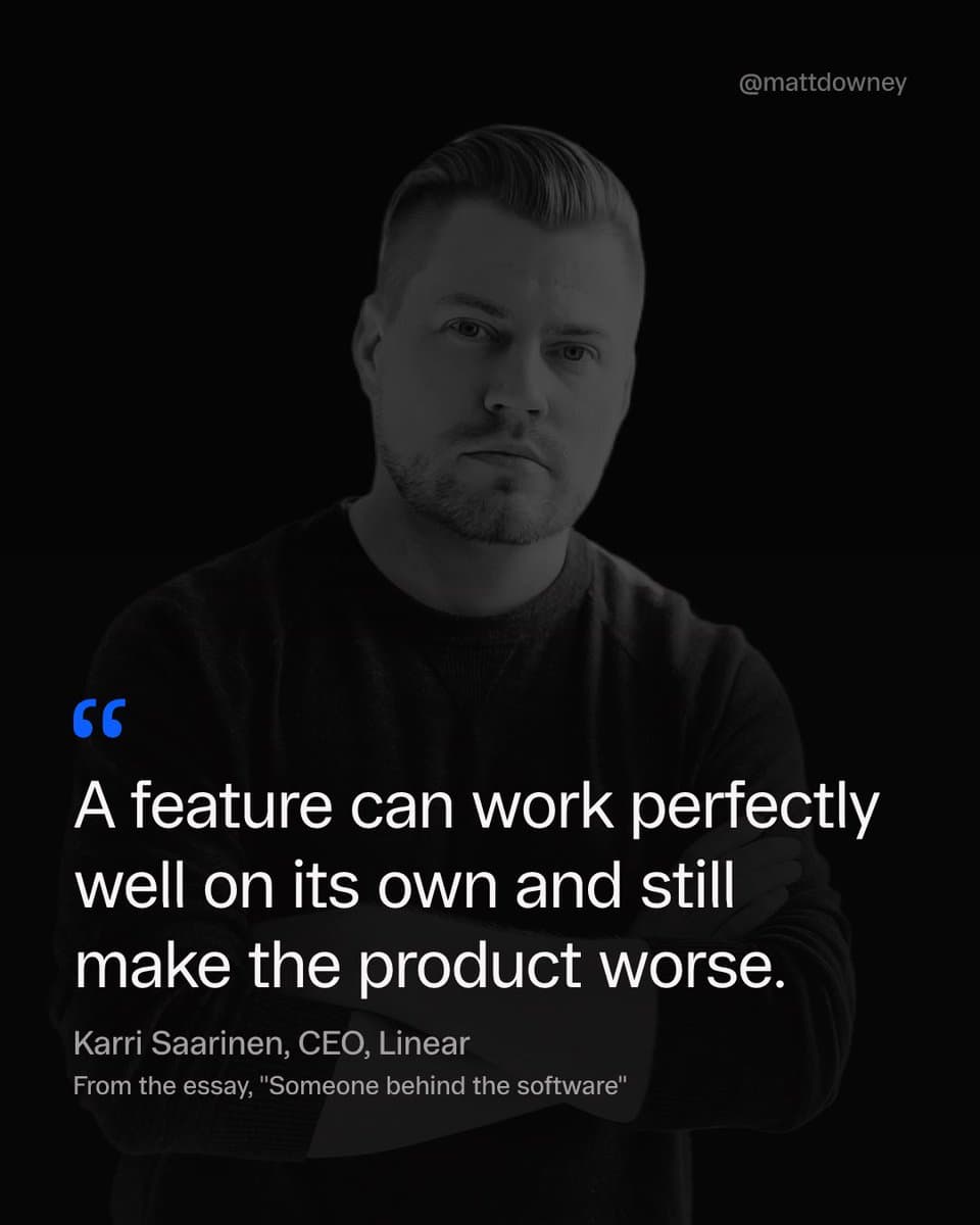 "A feature can work perfectly well on its own and still make the product worse."

@karrisaarinen, in his essay "Someone behind the software."