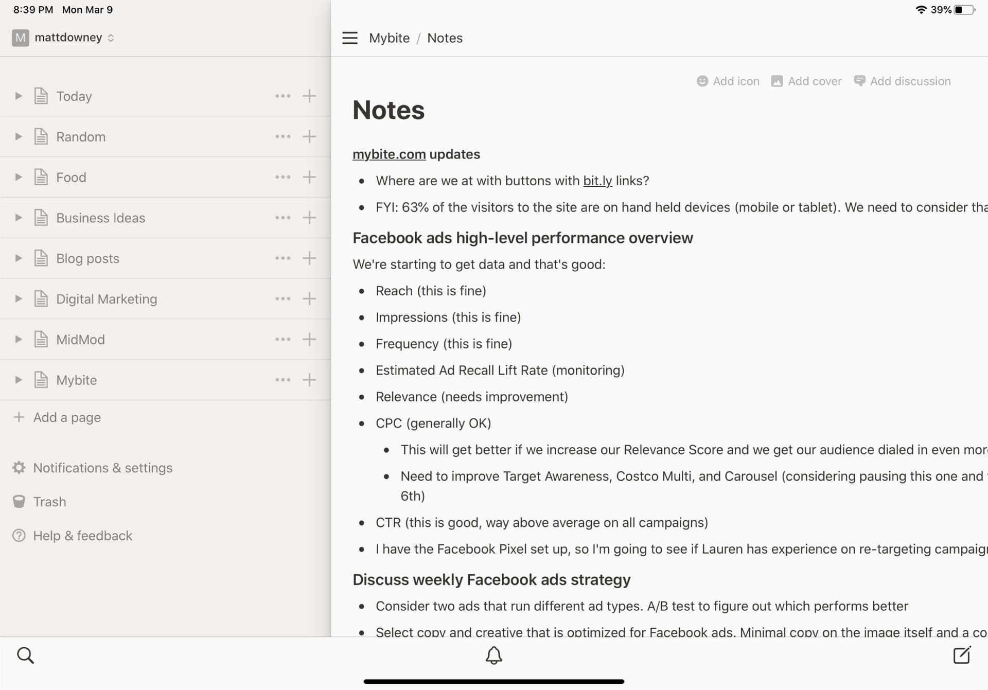 Notion app interface on iPad Pro for notes and task management
