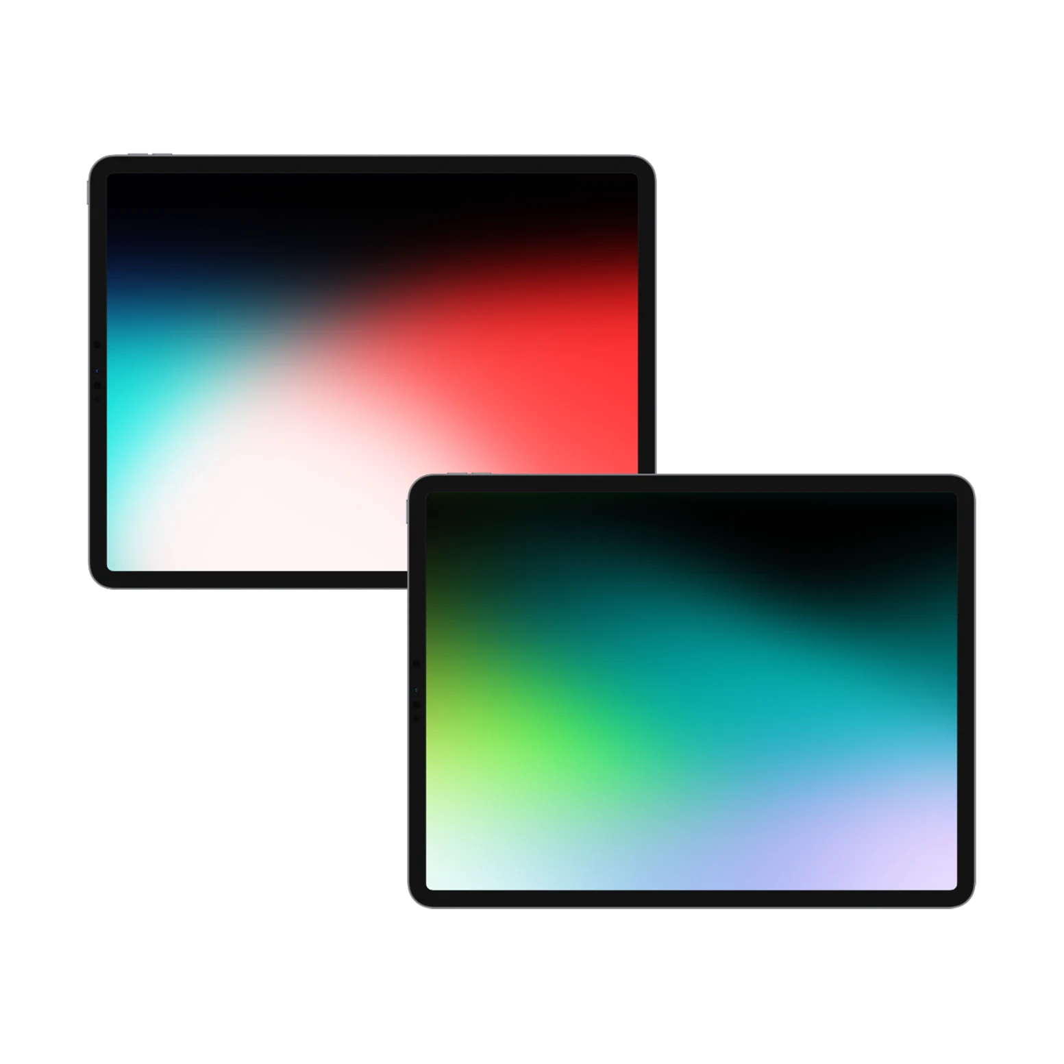 Two 8K wallpapers on iPad screens: a cyan and red gradient, and a green and lavender gradient.