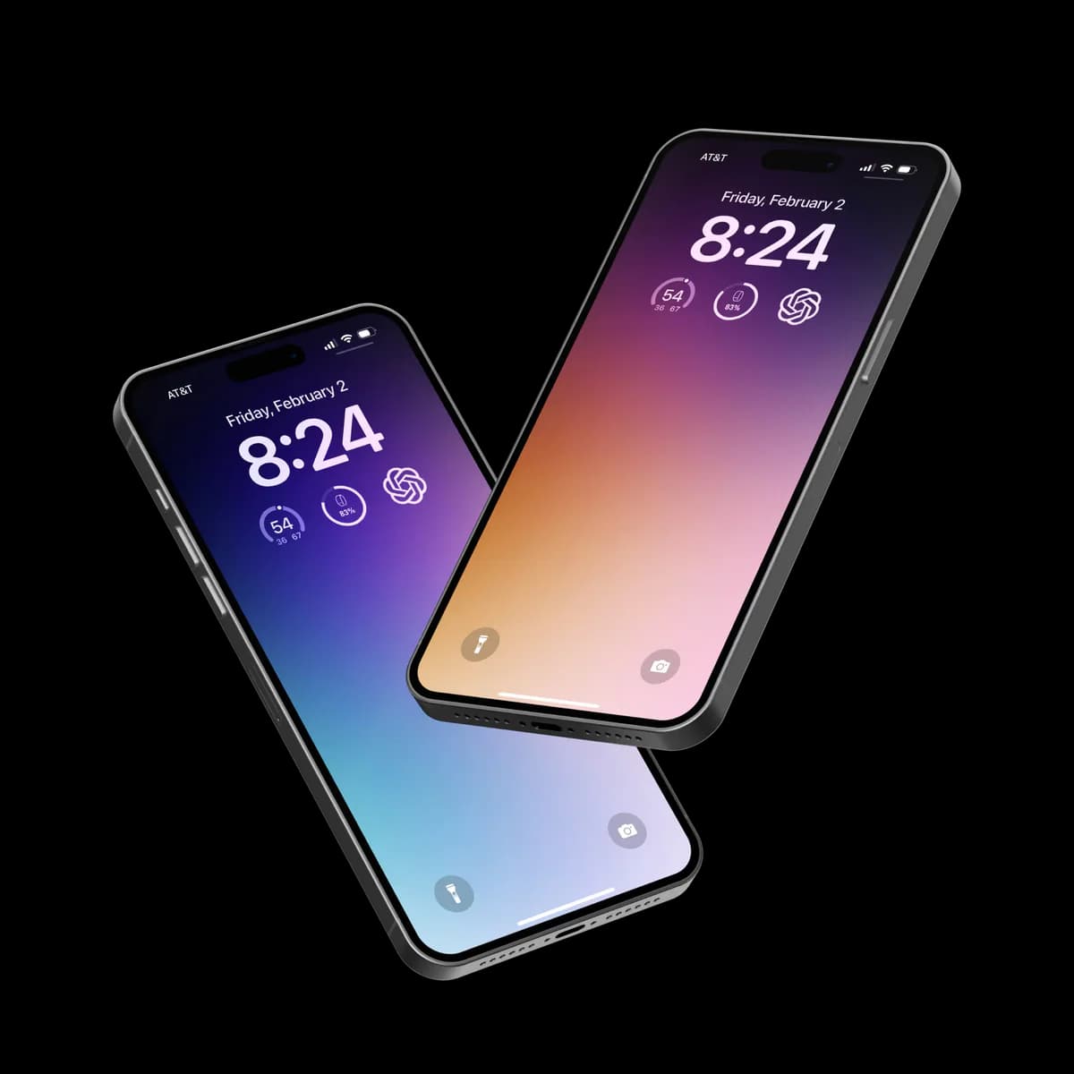 Two 8K wallpapers on iPhone lock screens: a violet and blue gradient, and an amber and dusty pink gradient.