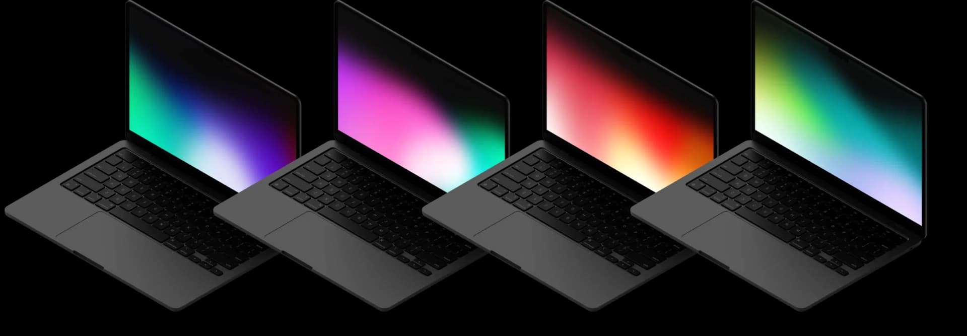 Four 8K desktop wallpapers on MacBook screens: a teal-green and violet gradient, a magenta and mint gradient, a lime green and cyan gradient, and a red-orange and amber gradient.