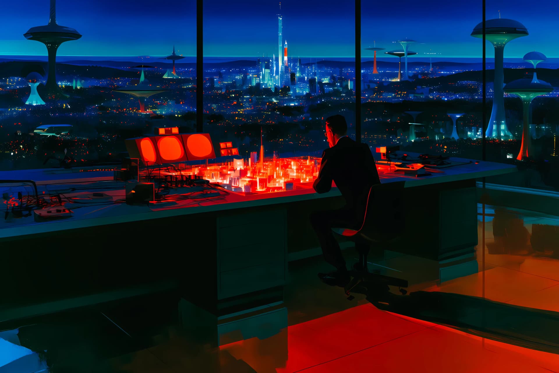 A man at a desk of glowing red screens and a model city, looking out over a futuristic city at night