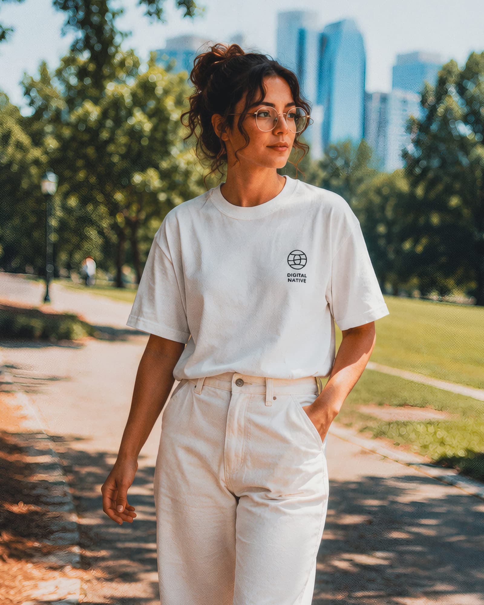 A designer wearing the Digital Native tee