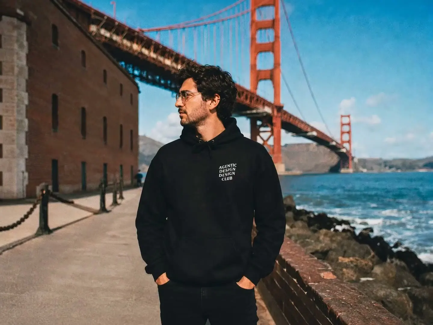 A designer in the black Agentic Design Design Club hoodie by the Golden Gate Bridge